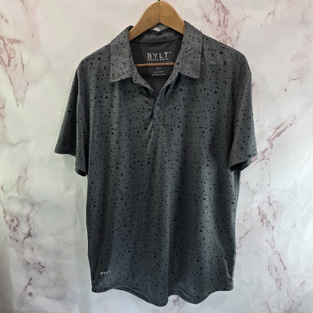 BYLT Shirt Mens Medium Gray Black Polo Linksman Performance Speckled Splatter
